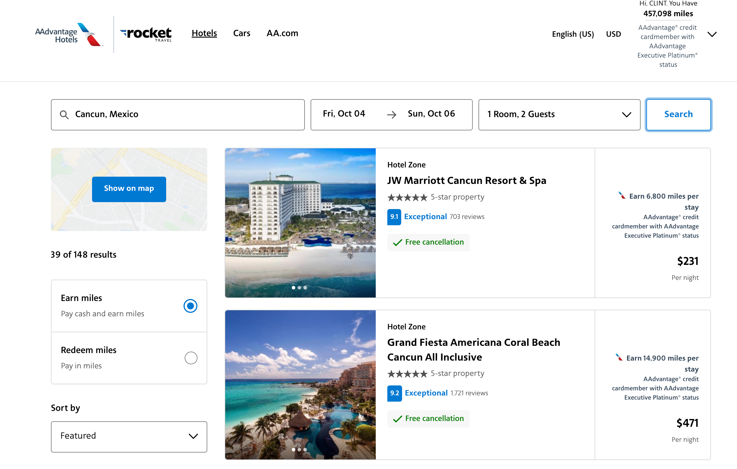 AAdvantage Hotels booking search for Cancun.
